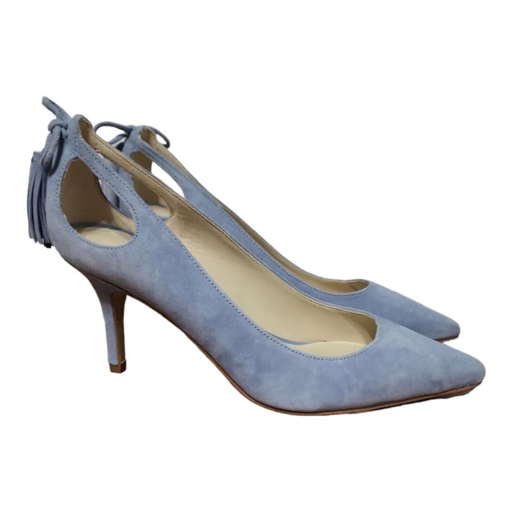 Marc Fisher Tammye Tassel Heels Stilettos Size 6M Blue Fabric Pointed Toe Women'